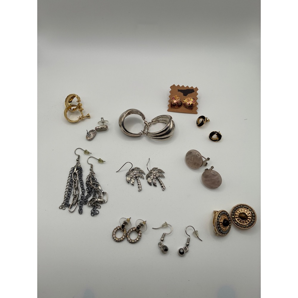 Vintage Mixed Earring Lot Faux Pearl Palm Tree Chain Hoop Stud Clip On Set